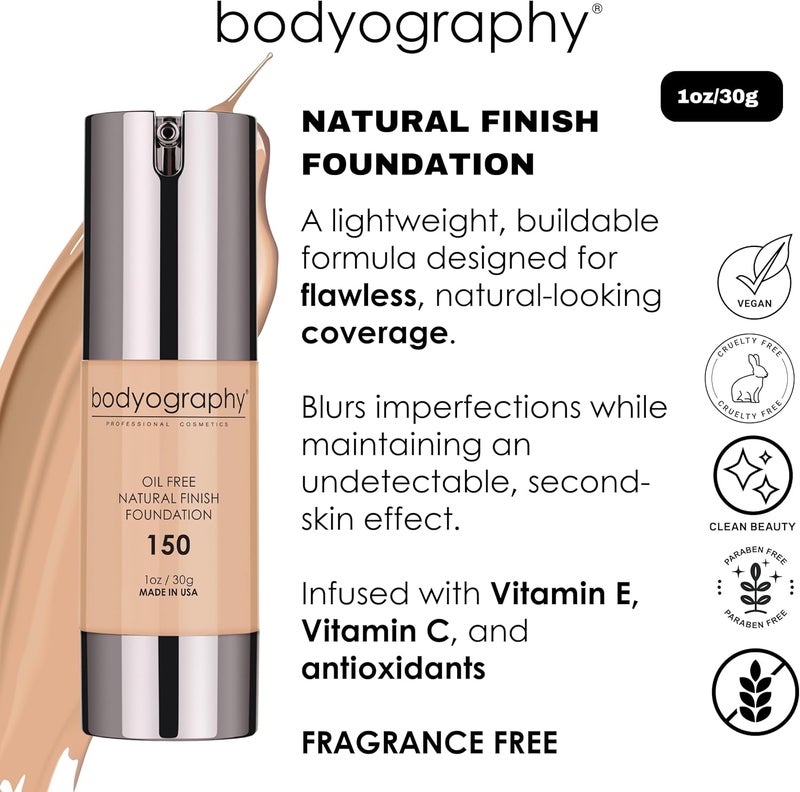 Bodyography Natural Finish Foundation - Light Medium #150, Oil-Free Anti-Aging Formula with Vitamin E & C - Image 2